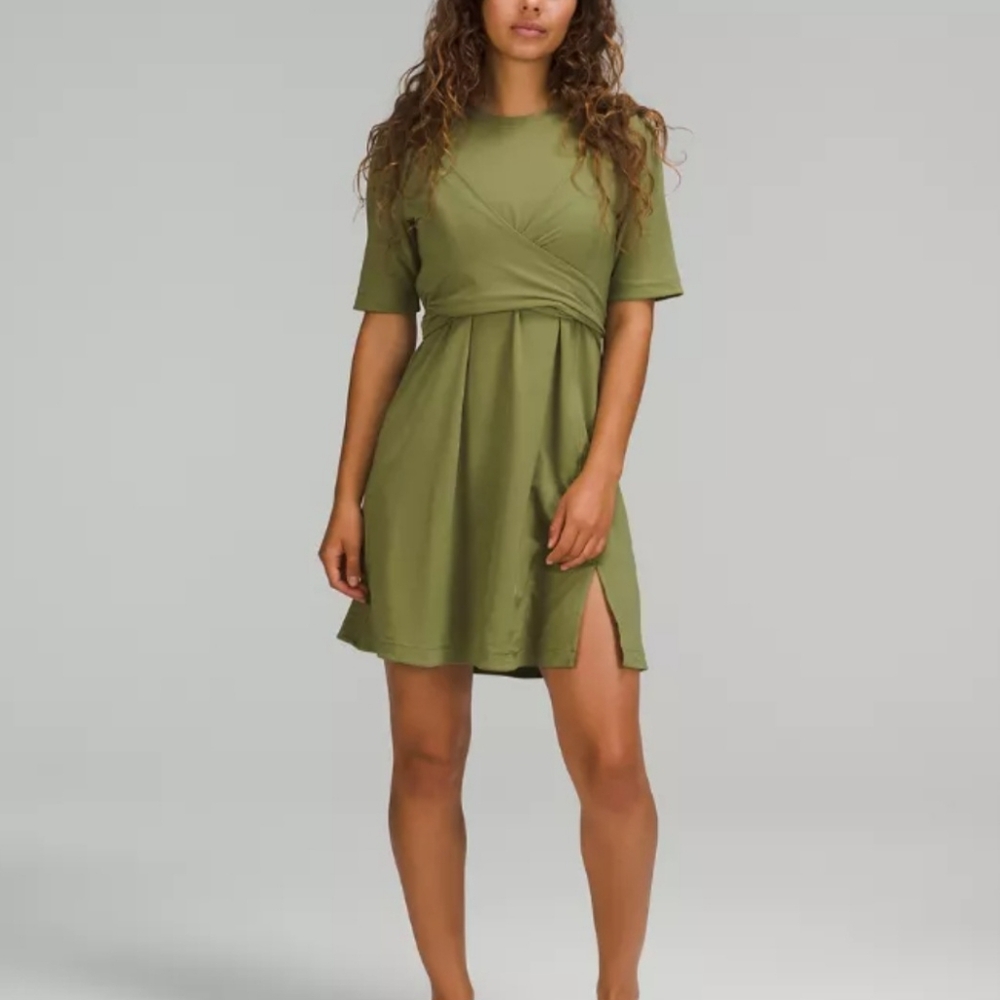 Lululemon Cotton Wrap-Front T-Shirt Dress in Bronze Green